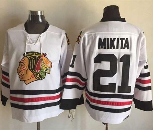 Blackhawks #21 Stan Mikita White CCM Throwback Stitched NHL Jersey - Click Image to Close